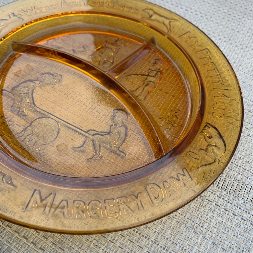 Vintage “Margery Daw” Amber Pressed Glass Child’s Divided Plate Indiana Glass - Picture 7 of 8